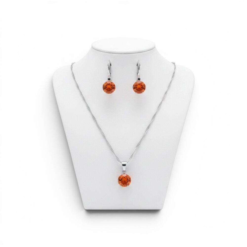 NWOT Orange Crystal Necklace & Earrings Silver Tone Jewelry Set - Picture 3 of 7